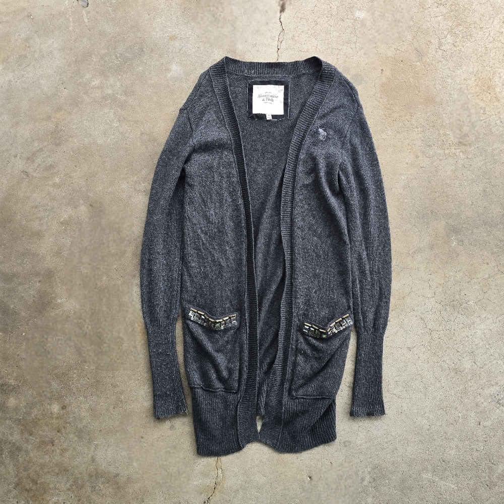 VTG Abercrombie & Fitch Womens Gray Embellished Pocket Long Sleeve Cardigan Xs